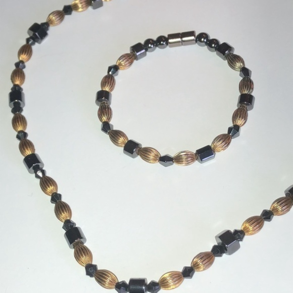 Genuine Hematite Magnetic Gold Tone Beaded Necklace & Bracelet Set
